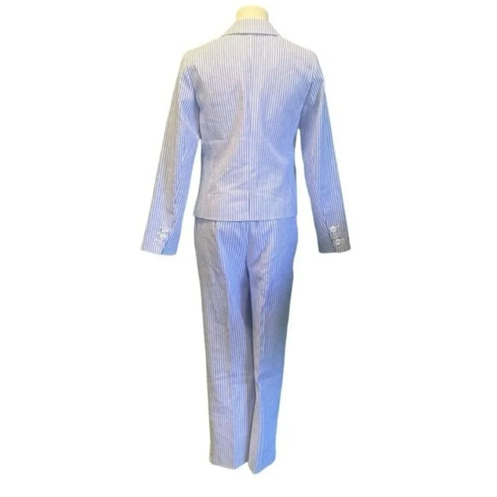 Talbots Blue Striped Seersucker Linen Blend 2 Piece Suit Blazer 4P Pants 6P - Picture 3 of 6